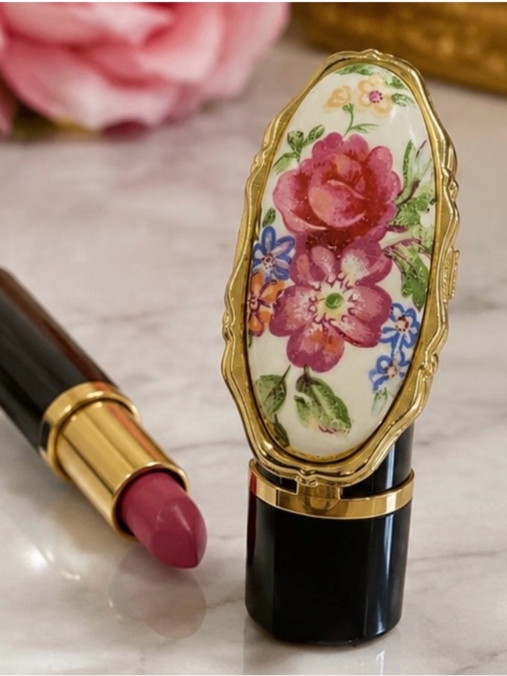 💄 Vintage Floral Porcelain Lipstick Mirror